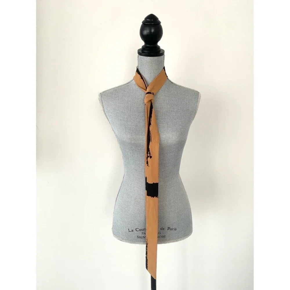 Skinny Scarf Tie in Camel Brown & Black Abstract Print Effortlessly Chic Minimal